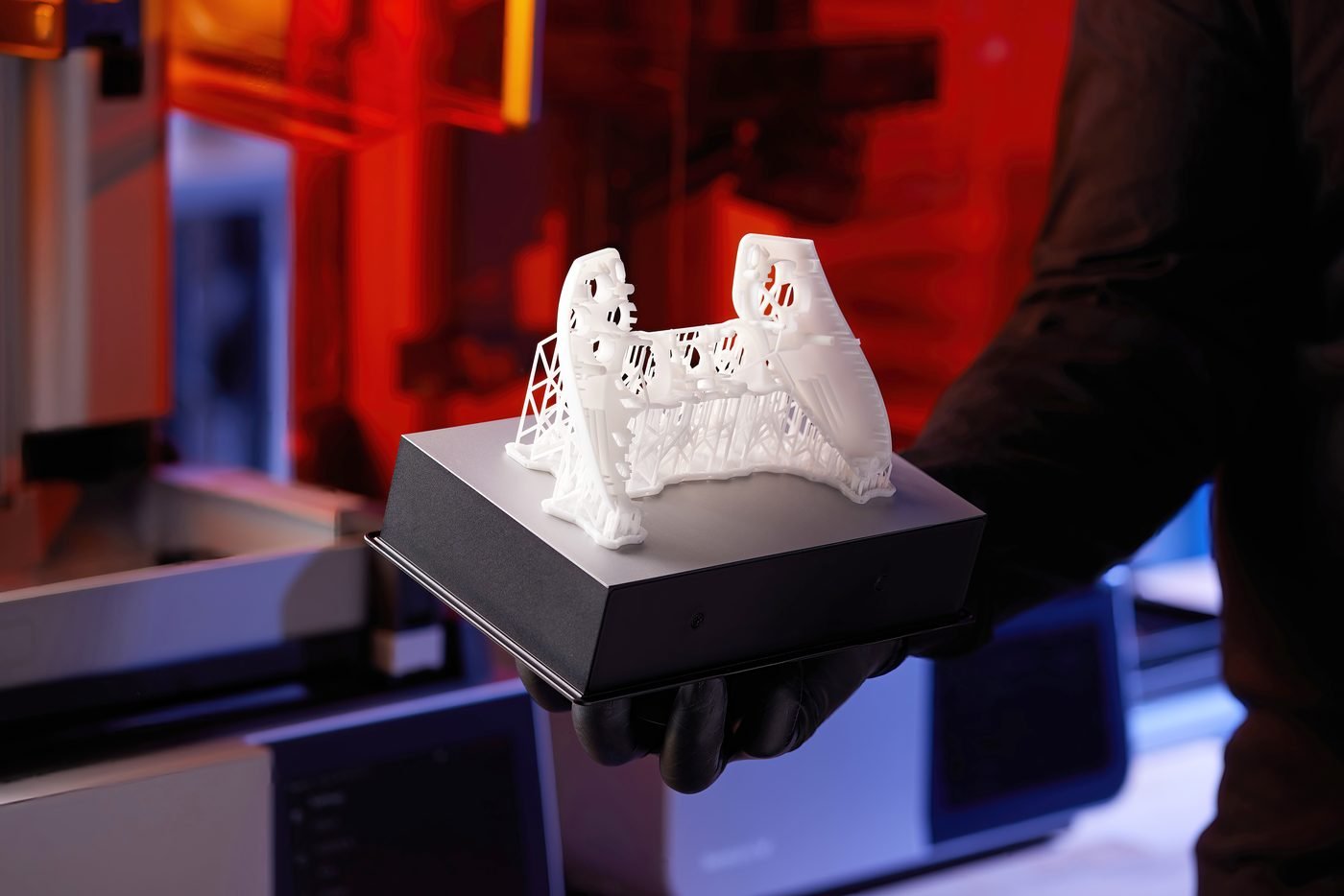 A fine lattice part printed in resin on a Form 4B build platform