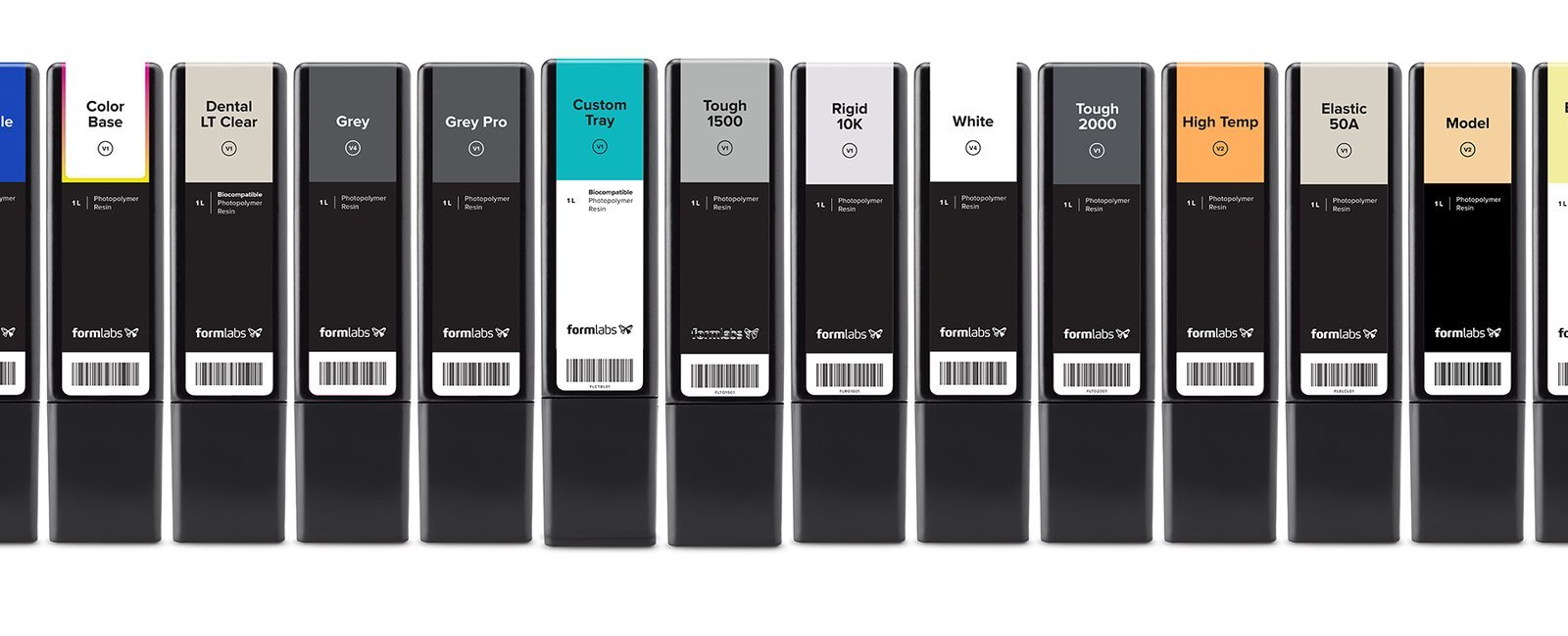 A row of Formlabs engineering resin cartridges, each labelled with its material name